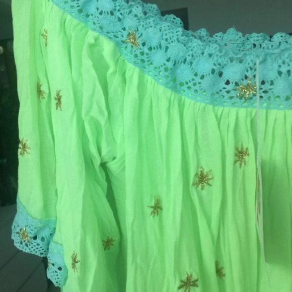 Tunic Yellow neon Embroidered Hippie tassel boho L NWT beachwear - Picture 2 of 5